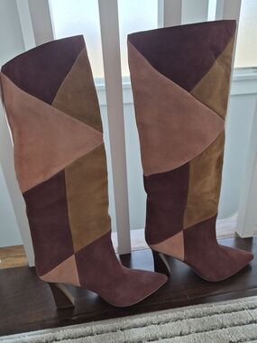Chinese Laundry Patchwork Suede Knee-High Heeled Boots in Pink and Brown
